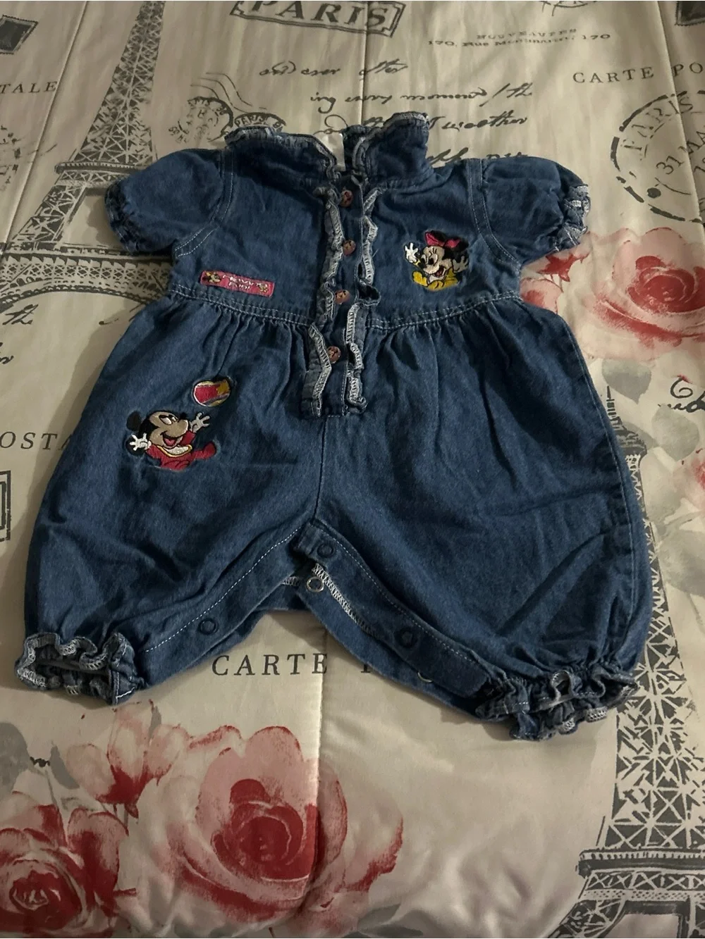 Unbranded Girls' Blue Denim Romper with Minnie Mouse Embroidery